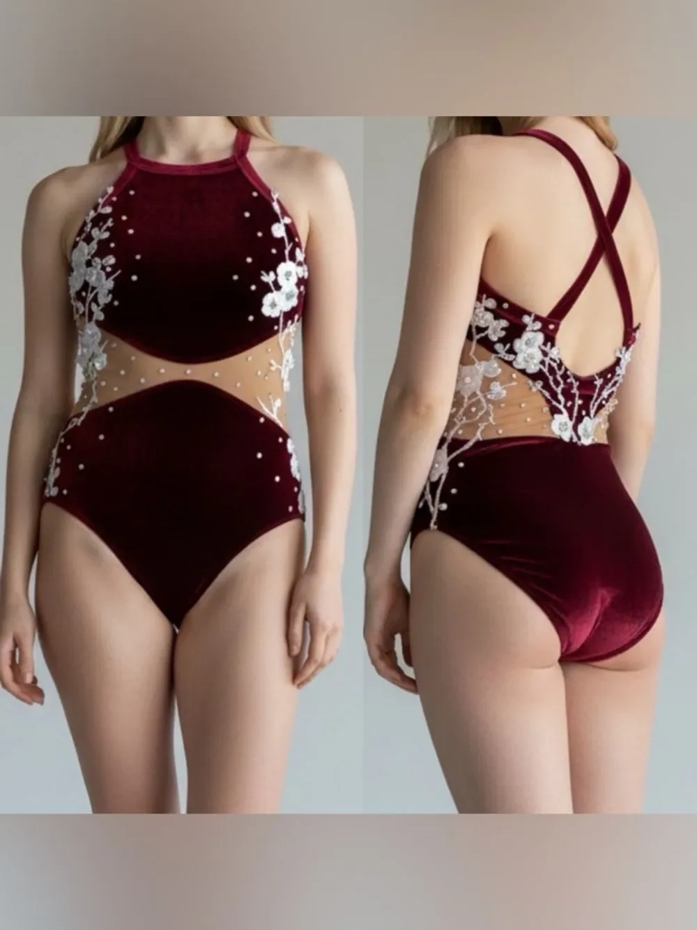 Red burgundy velvet custom solo rhinestoned Dance Costume Leotard  Illusion MC